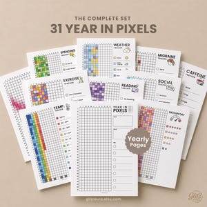 Peut inclure: Une collection de feuilles de suivi blanches intitulées 31 Year in Pixels, comprenant des grilles pour noter les dépenses, la météo, les migraines, l'exercice, la lecture, les interactions sociales, la caféine, la température et les humeurs.