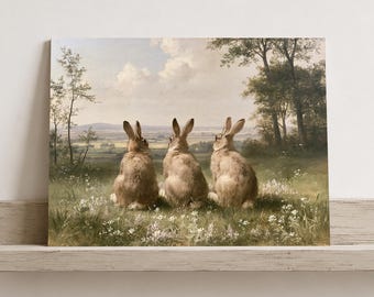 Three Rabbits Painting, Spring Meadow Wall Art, Printable Vintage Countryside Print, Digital Cottagecore Pastoral Decor