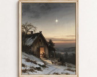 May include: A framed wall art print depicting a snowy winter landscape at twilight. A rustic wooden cabin with a glowing interior sits on a hillside, illuminated by a bright star in the dark sky. A small flock of sheep stands on the snow nearby.