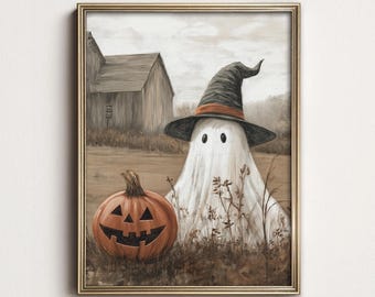 Puede incluir: Una lámina de arte enmarcada que muestra un fantasma blanco con un sombrero de bruja negro alto con una banda naranja, junto a una calabaza naranja en un campo de hierba seca con un granero de madera al fondo bajo un cielo nublado.
