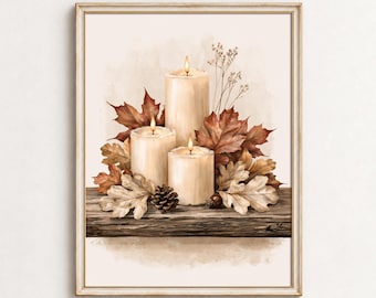 Kunstdruck mit Kerzenmotiv, Wandbild mit Herbstlaub, druckbare Aquarell-Herbstillustration, digitale rustikale Landhausdeko