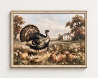 May include: A framed landscape art print featuring a large turkey with fanned tail feathers standing in a field among several orange pumpkins. In the background, a white farmhouse sits under a pale sky, surrounded by autumn-colored trees.