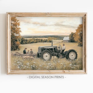 Muted Farm Wall Art, Printable Vintage Farmhouse Decor, Tractor and Farmers Print, Rustic Fall Cottagecore, Field Country Landscape Painting