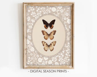 Vintage Butterfly Art Print, Cottagecore Neutral Decor Digital PRINTABLE Download, Antique Moth Wall Art