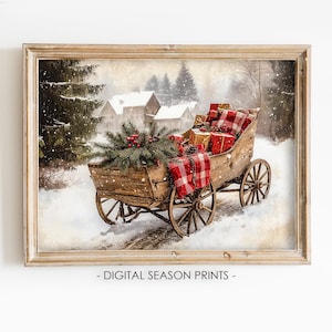 May include: A vintage wooden wagon filled with wrapped gifts, decorated with red and white plaid fabric and a green pine bough with red berries. The wagon is in a snowy winter scene with a blurred background of houses and trees.