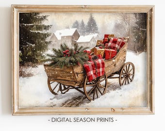 Christmas Wagon Wall Art Print, Rustic Farmhouse Winter Holiday Scene, Digital Download