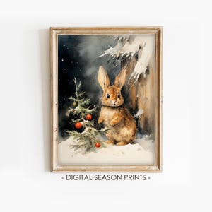 Christmas Bunny Print, Printable Vintage Christmas Wall Art, Winter Holiday Wall Decor, Rabbit Painting, Digital Download