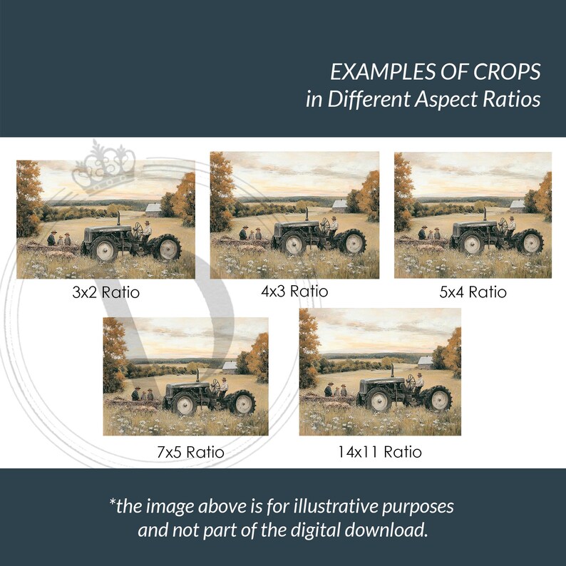 K&ouml;nnte beinhalten: Illustration eines Oldtimer-Traktors, der ein Feld pfl&uuml;gt, mit einem Bauernhaus im Hintergrund. Das Bild wird in f&uuml;nf verschiedenen Seitenverh&auml;ltnissen dargestellt, mit Text, der die Zuschnittgr&ouml;&szlig;en angibt. Der Text unten lautet: "*Das obige Bild dient nur zur Veranschaulichung und ist nicht Teil des digitalen Downloads."