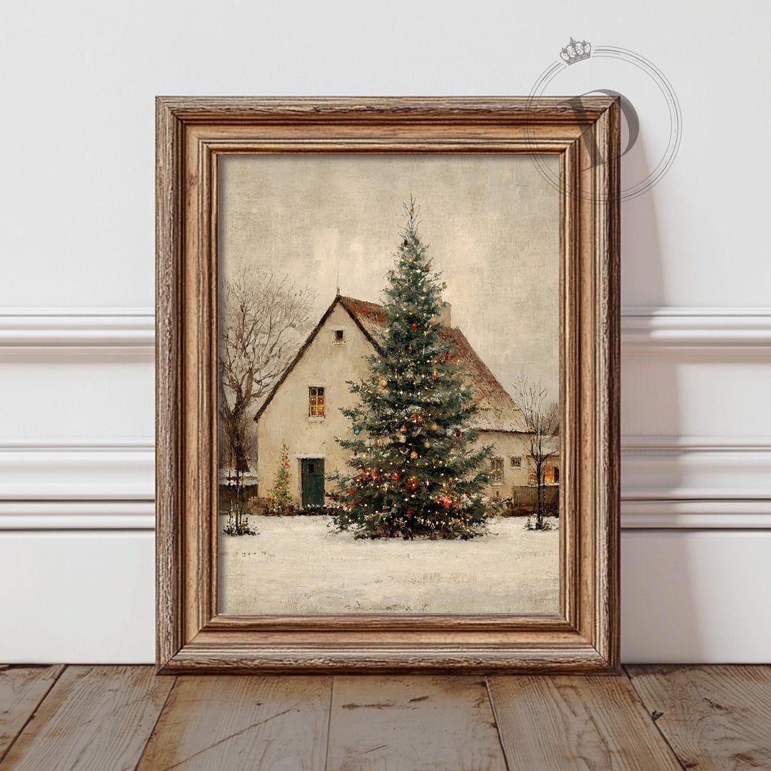 Christmas Cottage Wall Art Print, Rustic Winter Farmhouse Scene ...
