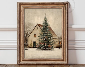 May include: A framed print of a winter scene featuring a snow-covered landscape with a house and a decorated Christmas tree. The house has a red roof and a green door. The frame is made of wood.