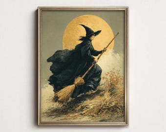 Lámina decorativa imprimible de bruja en escoba, escena vintage de Halloween con luna, descarga digital.