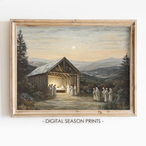 May include: A painting depicting the nativity scene with a wooden stable, a star in the sky, and figures in white robes gathered around a manger.