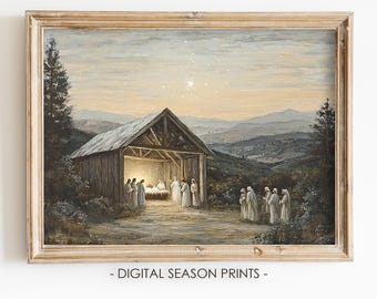 May include: A painting depicting the nativity scene with a wooden stable, a star in the sky, and figures in white robes gathered around a manger.