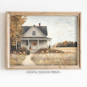 Pumpkin Farmhouse Printable Wall Art, Rustic Autumn Country Home Scene, Digital Download