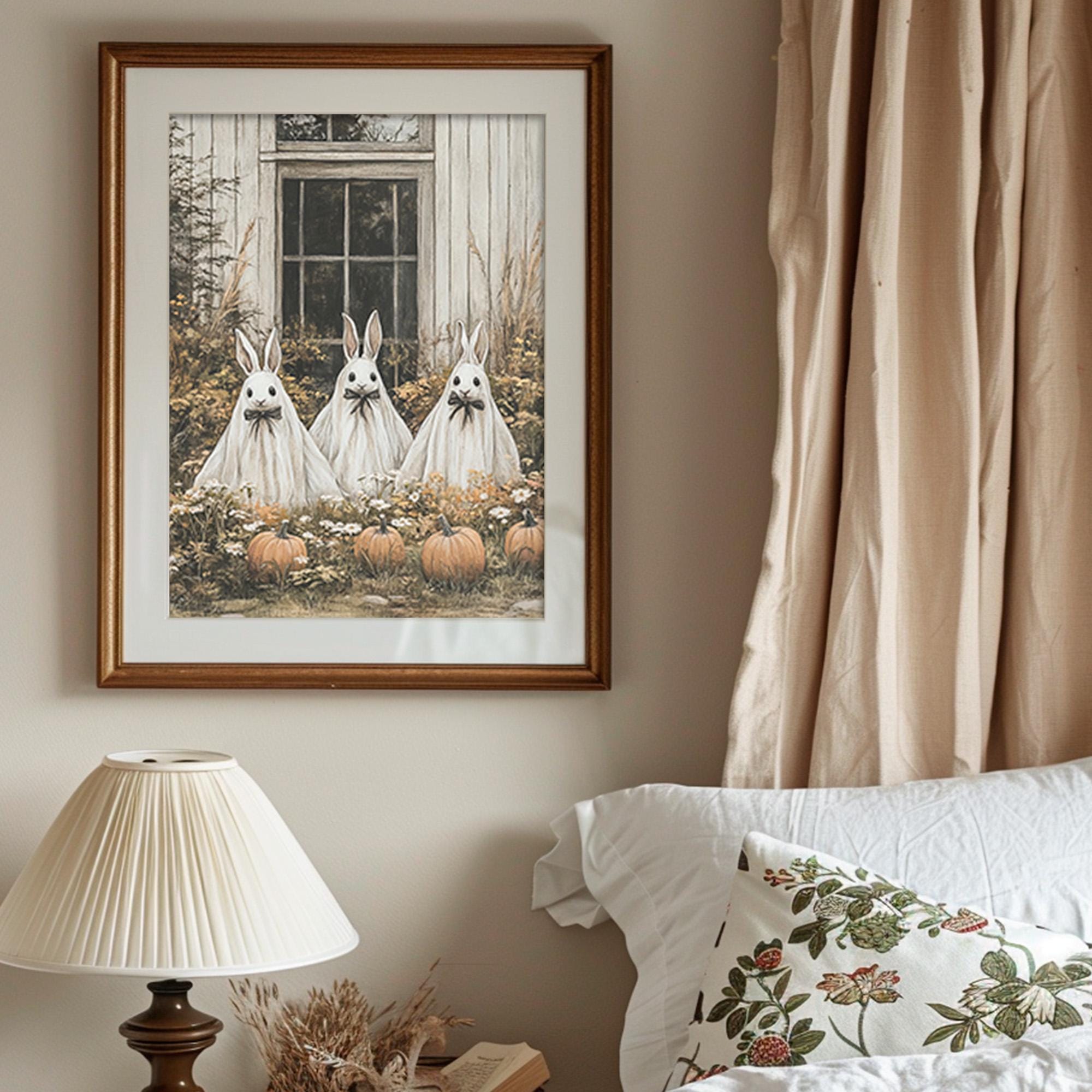 Halloween Rabbit Ghost Ghost Bunny Wall Art Print, Printable Rustic Halloween Rabbit Trio With ...