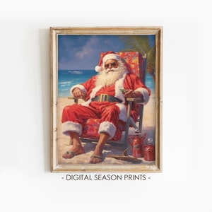 Ho Ho Ho Santa on the Beach, Funny Tropical Christmas Art, Printable Digital Wall Decor