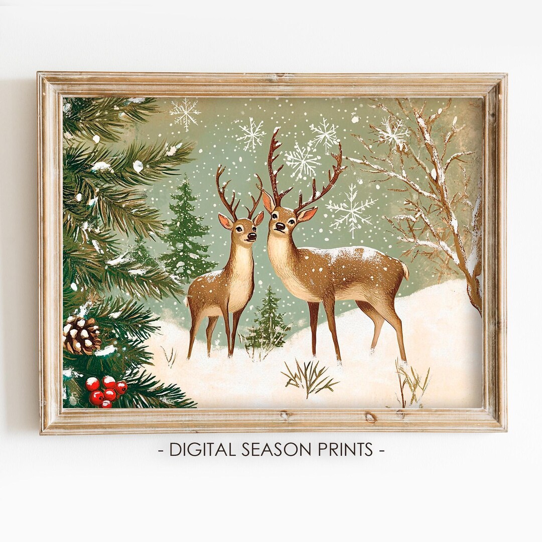 Snowy Deer Wall Art Set of 3. Winter Woodland Prints