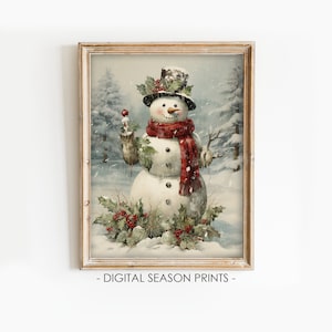 Vintage Snowman Print, Holiday Wall Art , Printable Digital Xmas Present, Winter Decor