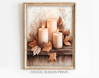 May include: Three white candles with a warm glow, surrounded by autumn leaves in shades of brown and orange. The candles are in a wooden frame with a rustic background.