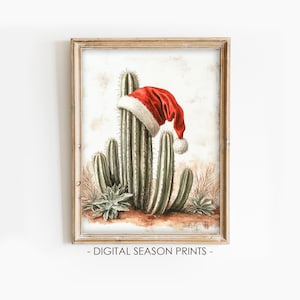 Cactus Santa Hat Printable Wall Art, Rustic Southwestern Christmas Decor, Digital Download