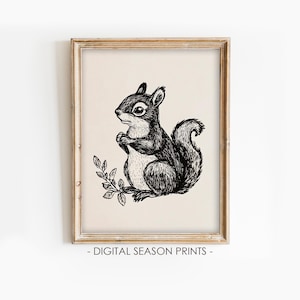 Squirrel Wall Art, Printable Rustic Wall Art, Woodland Animal Sketch Print, Digital Download