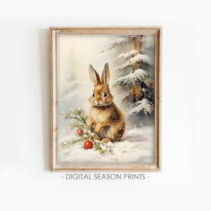 Rabbit Digital Print, Christmas Holiday Wall Art , Printable Rustic Present, Winter Decor