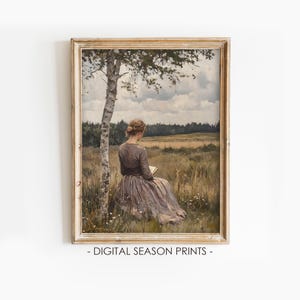 Woman Reading Painting, Printable Neutral Victorian Portrait, Summer Landscape Print, Digital Download