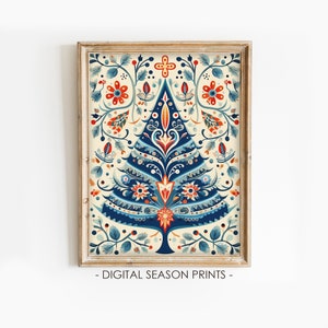 Christmas Tree Painting, Scandinavian Print, Nordic Folk Art, Swedish Printable Holiday Decor