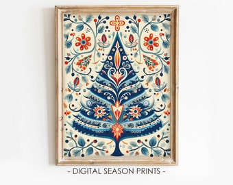 May include: A digital print of a stylized Christmas tree with blue, red, and white floral patterns. The tree is framed in a light wood frame.