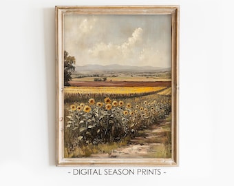 Sunflower Field Printable Wall Art, Rustic Countryside Summer Landscape, Digital Download