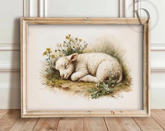 Spring Lamb Printable Wall Art, Sleeping Sheep with Wildflowers, Digital Download