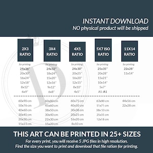 May include: Digital art print size guide with various aspect ratios, including 2x3, 3x4, 4x5, 5x7 ISO, and 11x14. Includes sizes in inches and centimeters for printing. The text reads "Instant Download" and "This art can be printed in 25+ sizes."
