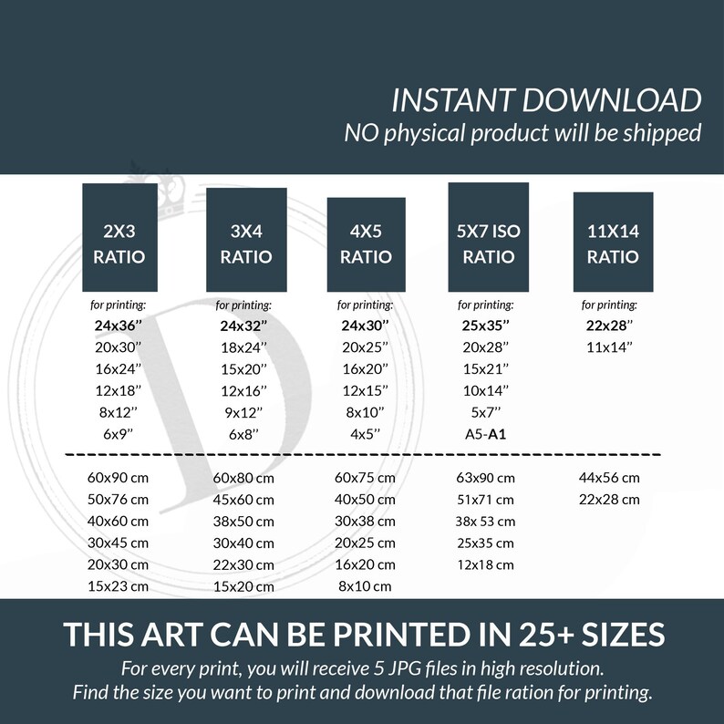 May include: Digital art print size guide with various aspect ratios, including 2x3, 3x4, 4x5, 5x7 ISO, and 11x14. Includes sizes in inches and centimeters for printing. The text reads "Instant Download" and "This art can be printed in 25+ sizes."