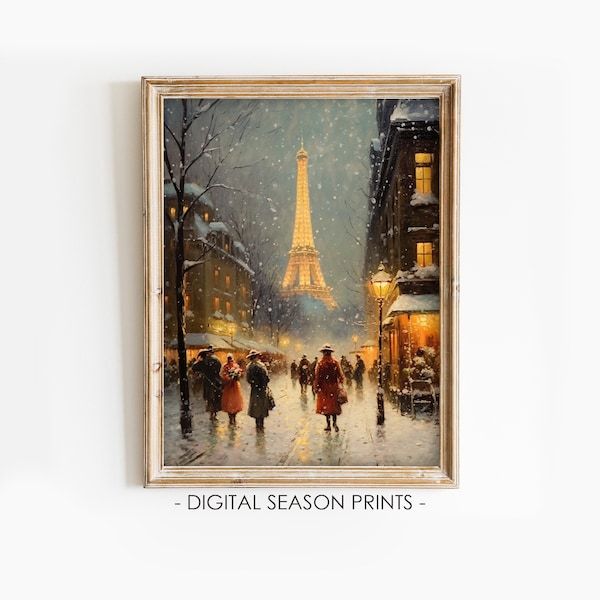 Snow in Paris Print, Winter Cityscape Painting, Printable Digital Wall Decor