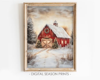 Christmas Barn Printable Wall Art, Rustic Winter Farmhouse Scene, Digital Download