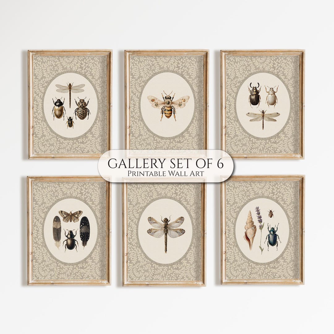 Vintage Insect Printable Gallery Wall Set of 6, Botanical Bug Art Print ...