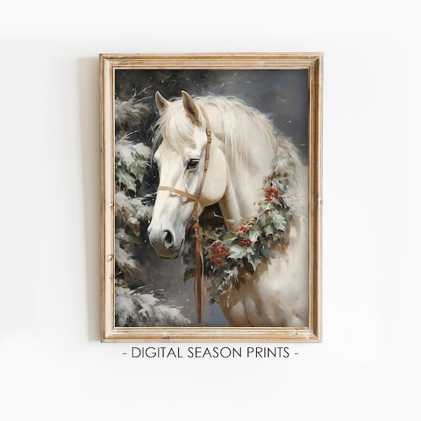 Arte de pared imprimible de caballo navideño, animal rústico de invierno con corona festiva, descarga digital