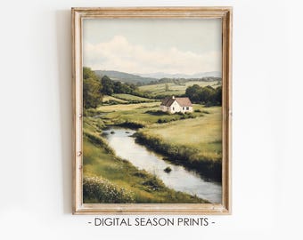 Irish Countryside Printable Wall Art, Cottage Landscape with River Scene, Digital Download