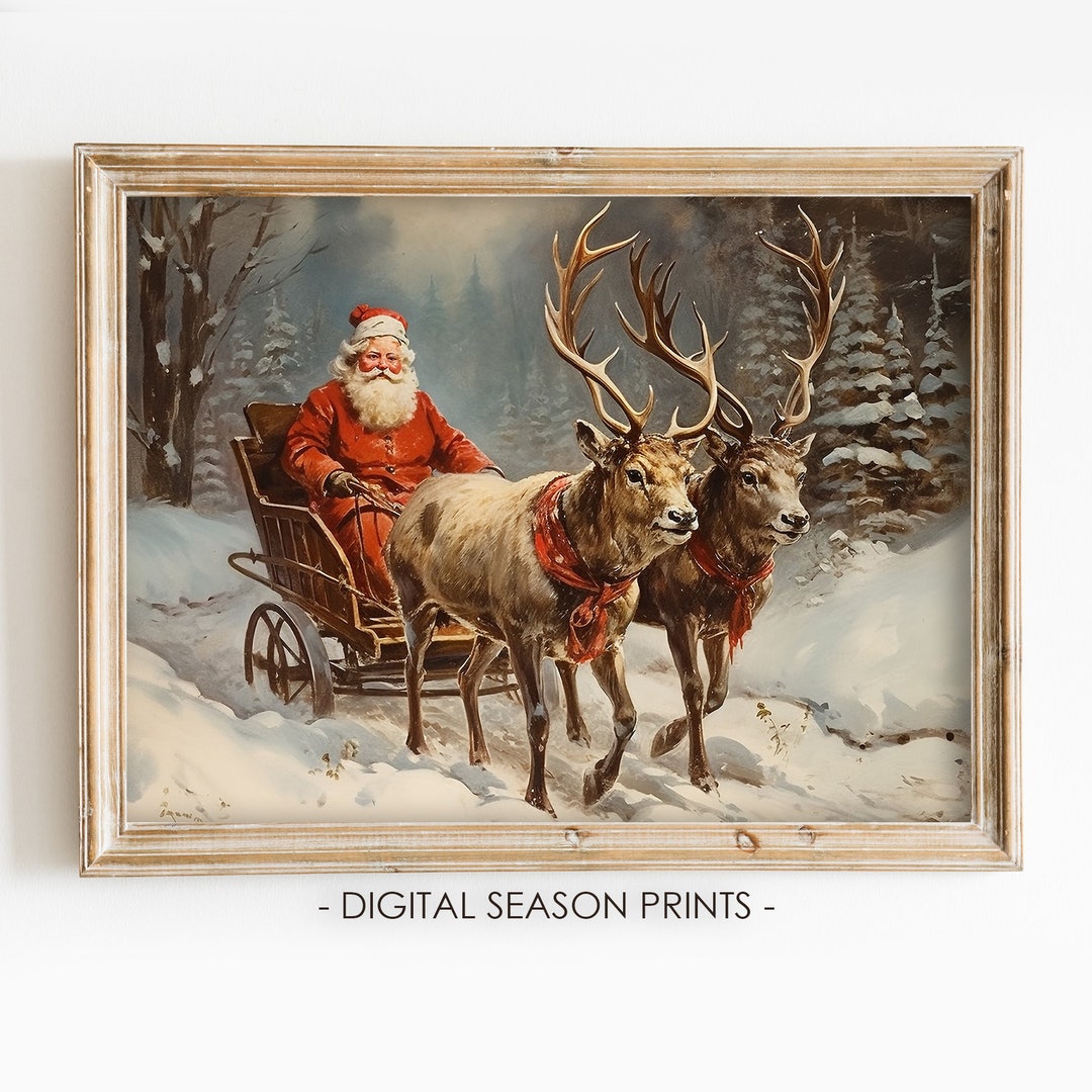 Santa Claus Reindeer and Sleigh Print, Christmas Digital Wall Art ...