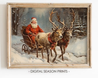 Santa Sleigh Ride Wall Art Print, Vintage Christmas Reindeer Scene, Digital Download