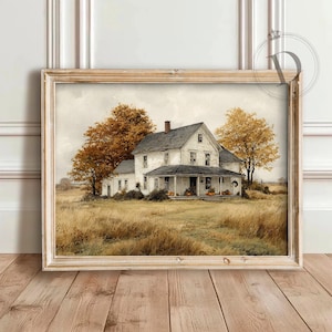 Pumpkin Farmhouse Art, Printable Autumn Wall Art, Rustic Country House Landscape Print, Fall Porch Decor Scene, Digital Download