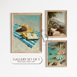 Beach Wall Art, Printable Summer Gallery Wall Set of 3, Coastal Mediterranean Print, Seaside Decor, Digital Download