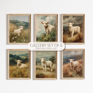 Lamb Wall Art, Printable Farmhouse Gallery Wall Set of 6, Vintage Countryside Animal Print, Rustic Pasture Decor, Digital Download