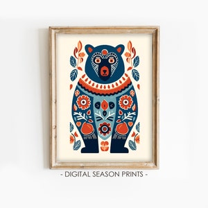 May include: A blue and orange folk art style illustration of a bear with floral patterns. The bear is standing on a white background.