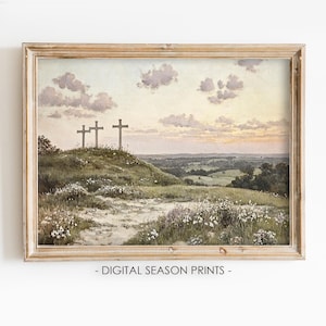 Christian Wall Art with Three Crosses, Printable Religious Oil Painting of Sunrise Hilltop, Digital Download