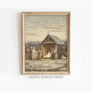 Vintage Krippe Print: Geburt des Jesuskindes, sternenklare Nacht (Digitaler Download)