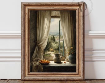Italienische Fensteransicht Wand Kunst zum ausdrucken, Vintage Toskana Landschaftsdruck, rustikale Bauernhaus Wohnzimmer Dekor