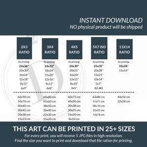 May include: Digital art print size guide with various aspect ratios, including 2x3, 3x4, 4x5, 5x7 ISO, and 11x14. Includes sizes in inches and centimeters for printing. Text reads "Instant Download" and "This art can be printed in 25+ sizes."