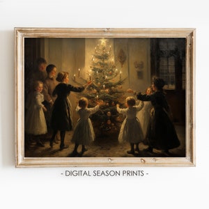 Dancing around Christmas Tree Print, Vintage Christmas Night Print, Printable Xmas Holiday Painting