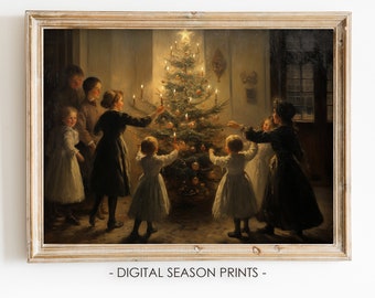 Vintage Christmas Tree Wall Art, Family Holiday Celebration Scene, Digital Download